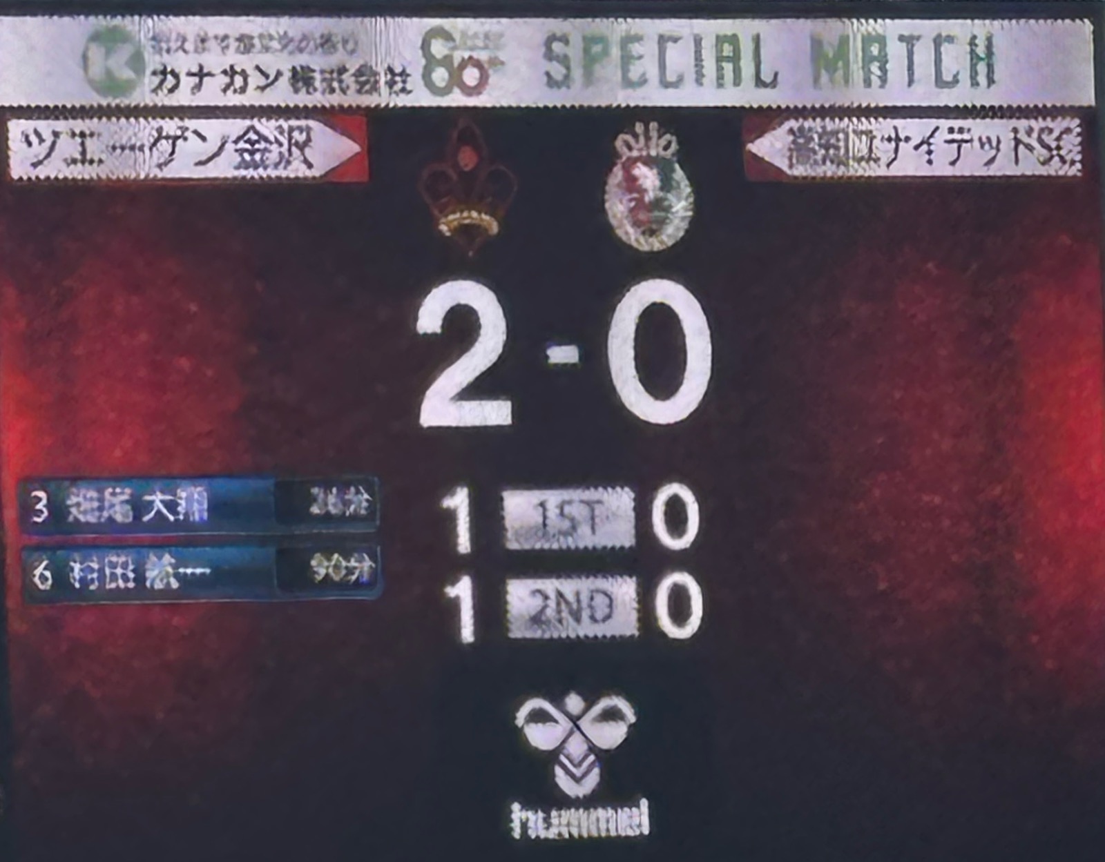電光掲示板 FULL TIME ツエーゲン金沢 2-0 高知ユナイテッドSC 畑尾大翔 村田航一