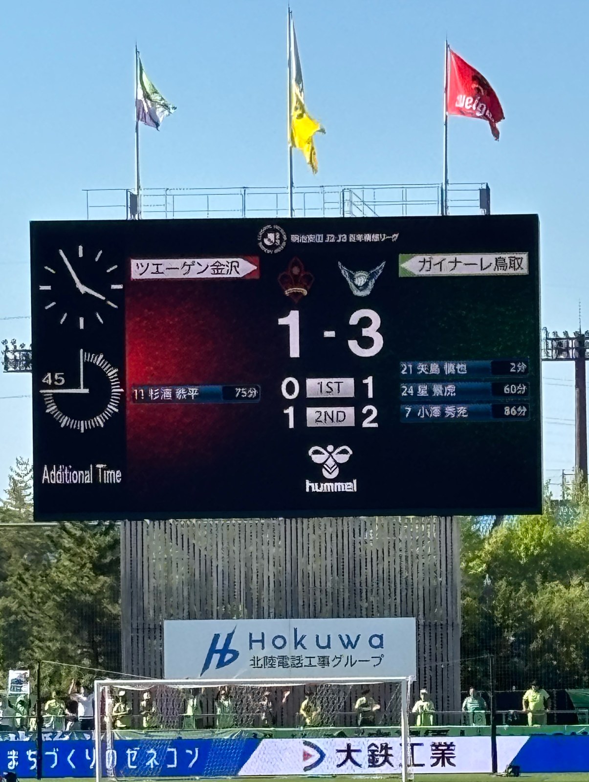 大型ビジョン 最終スコア ツエーゲン金沢 1-3 ガイナーレ鳥取 得点者一覧