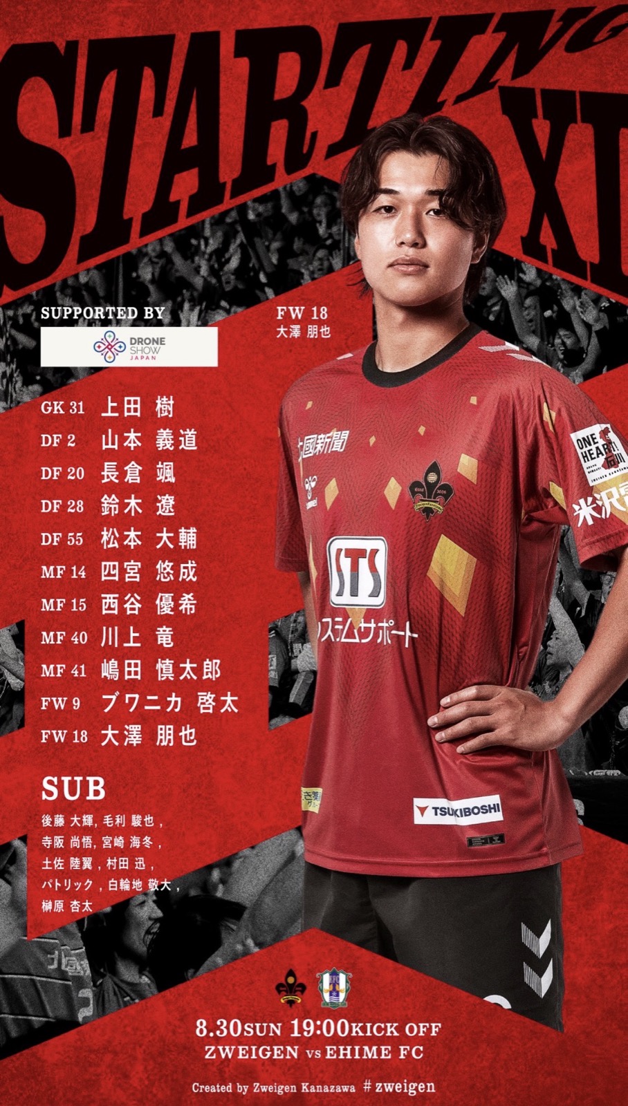 ツエーゲン金沢対愛媛FC戦のスターティングメンバー表STARTING XI